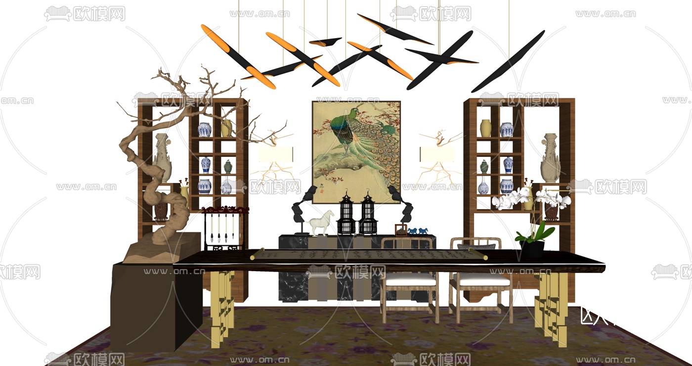 中式书桌椅su模型下载