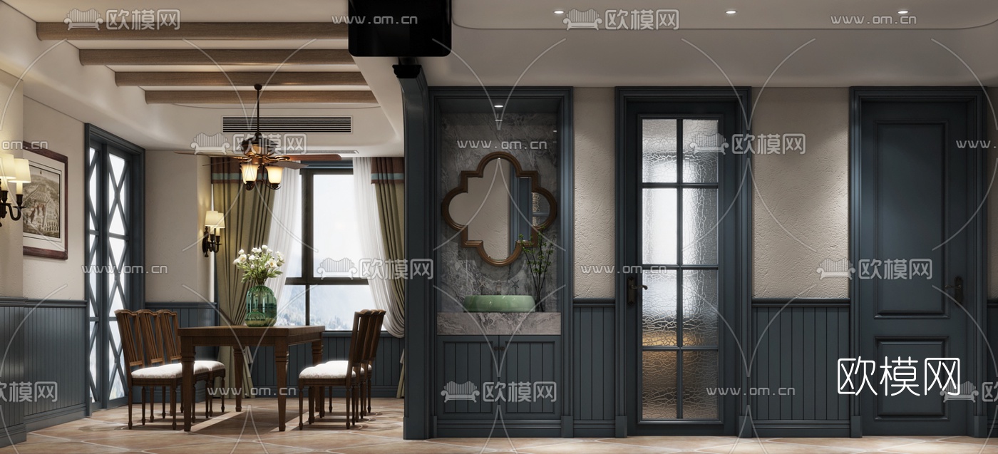 美式客厅餐厅3d模型