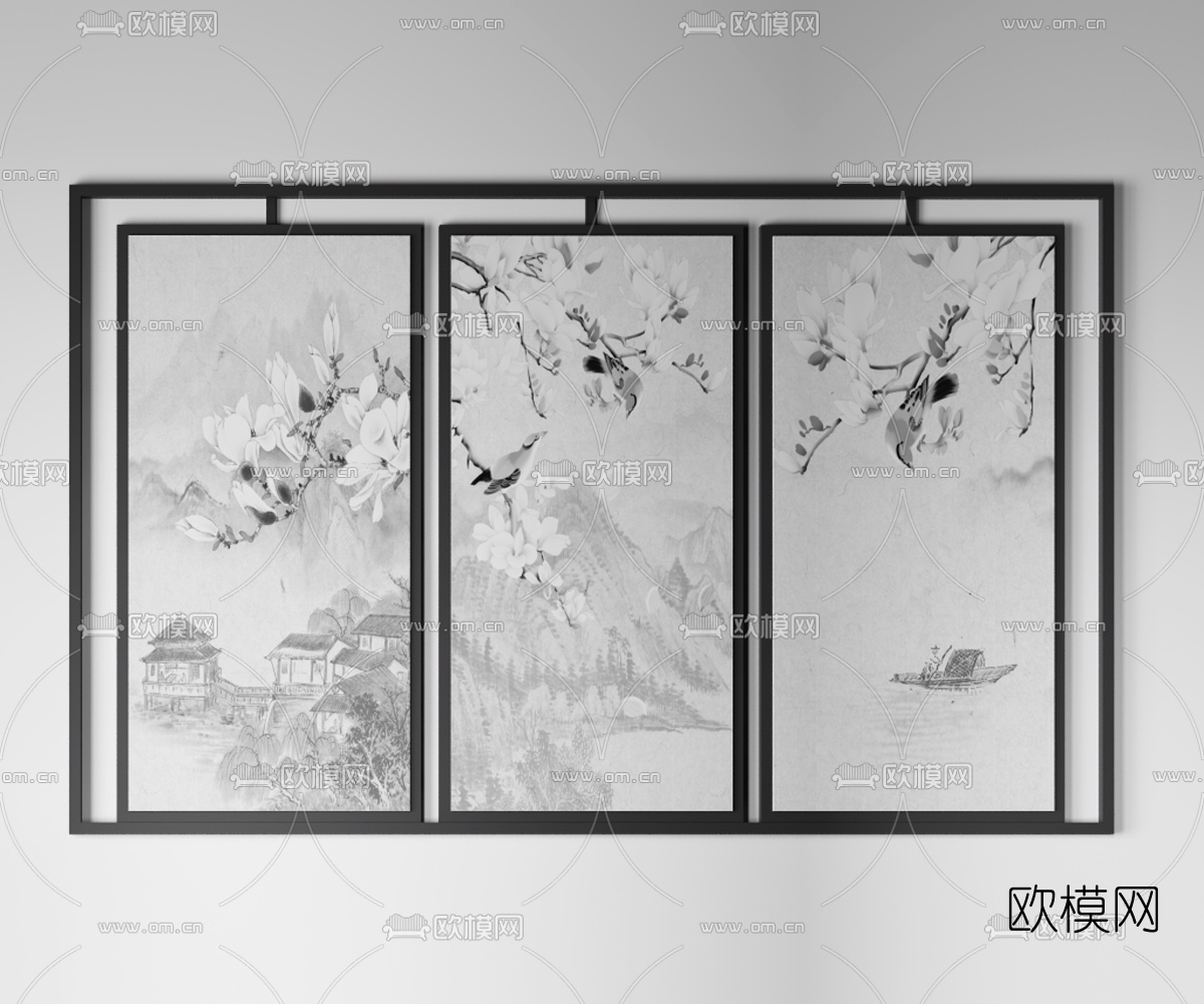 新中式简约屏风花格组合3d模型下载（渲染图2）