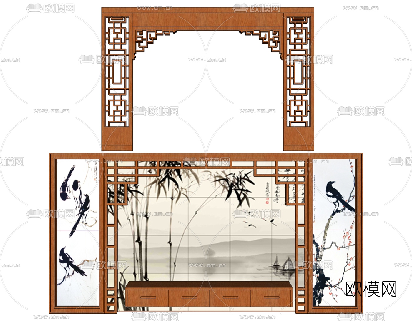 中式电视背景墙隔断免费su模型下载