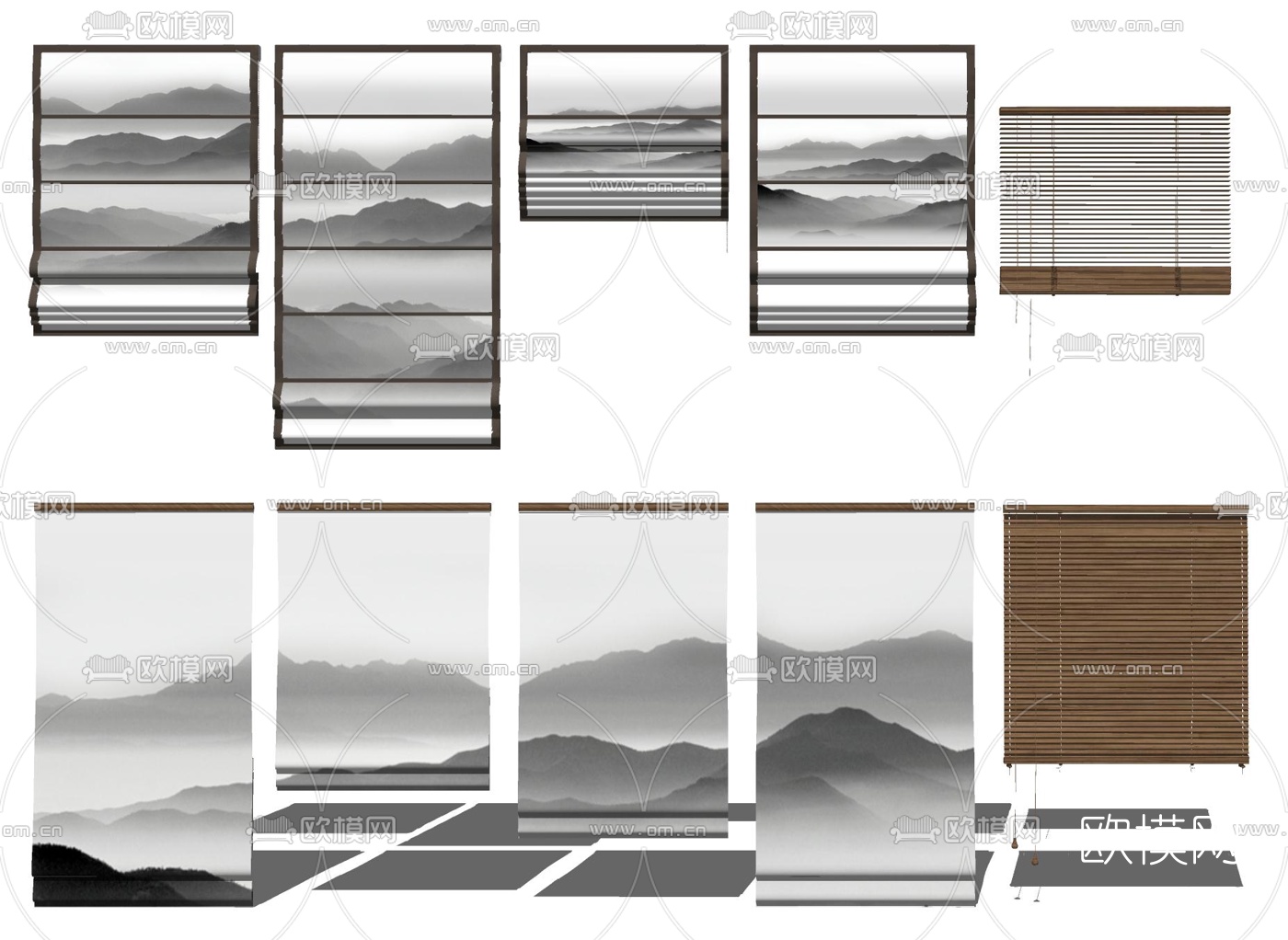 新中式山水竹帘卷帘su模型下载