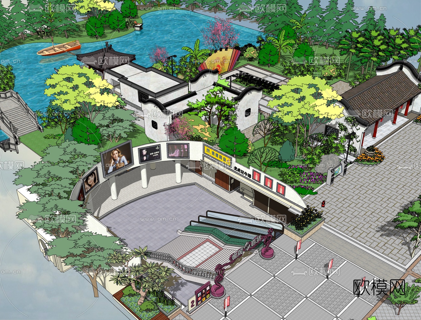 中式公园景观规划su模型下载（渲染图1）