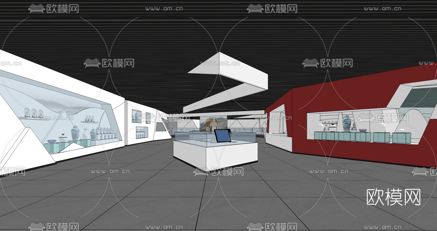 中式文化艺术展厅su模型下载（渲染图2）
