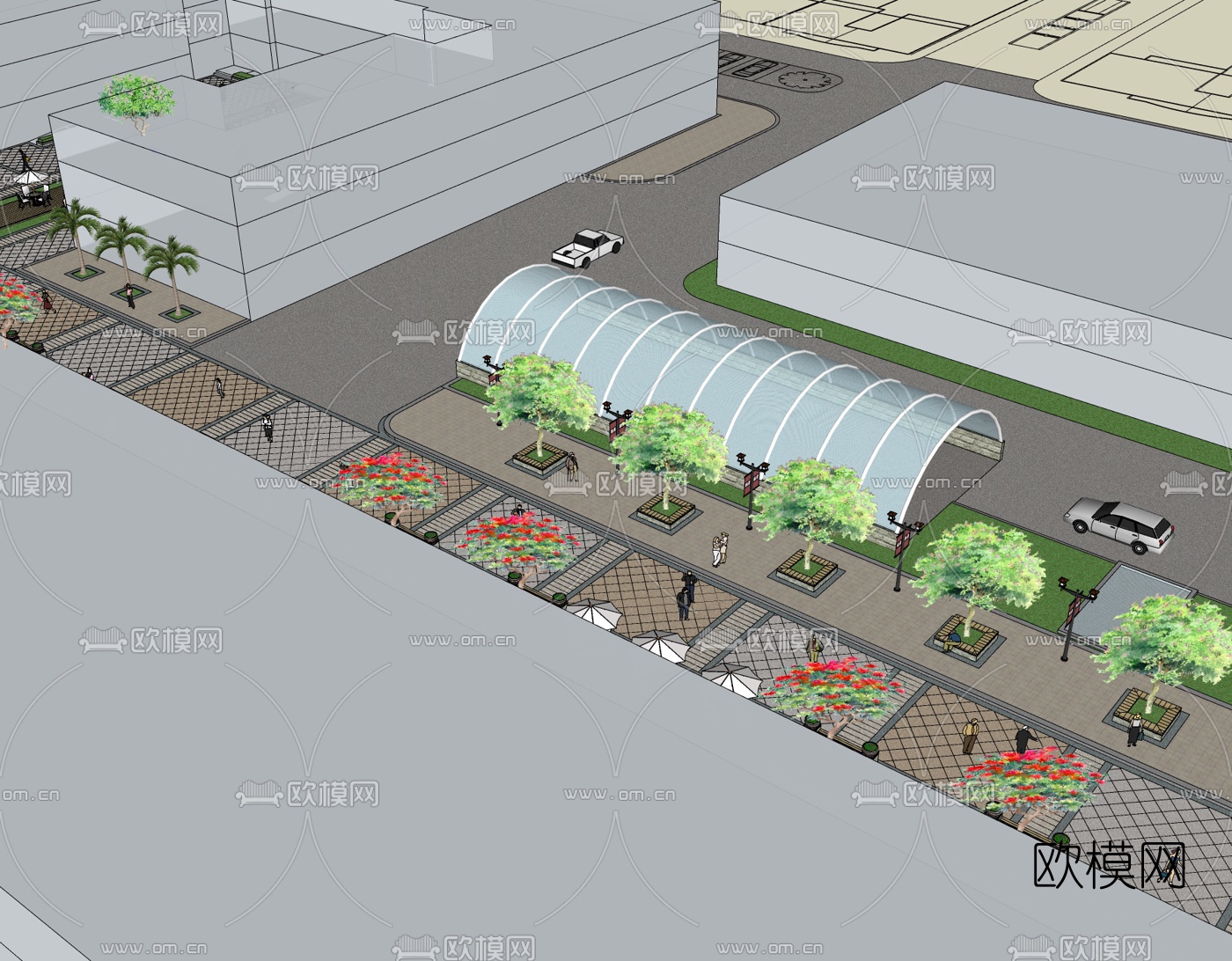 现代步行街景观免费su模型下载（渲染图1）