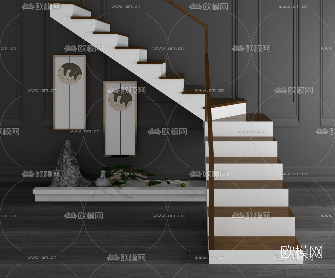现代楼梯玻璃扶手栏杆3d模型下载（渲染图2）