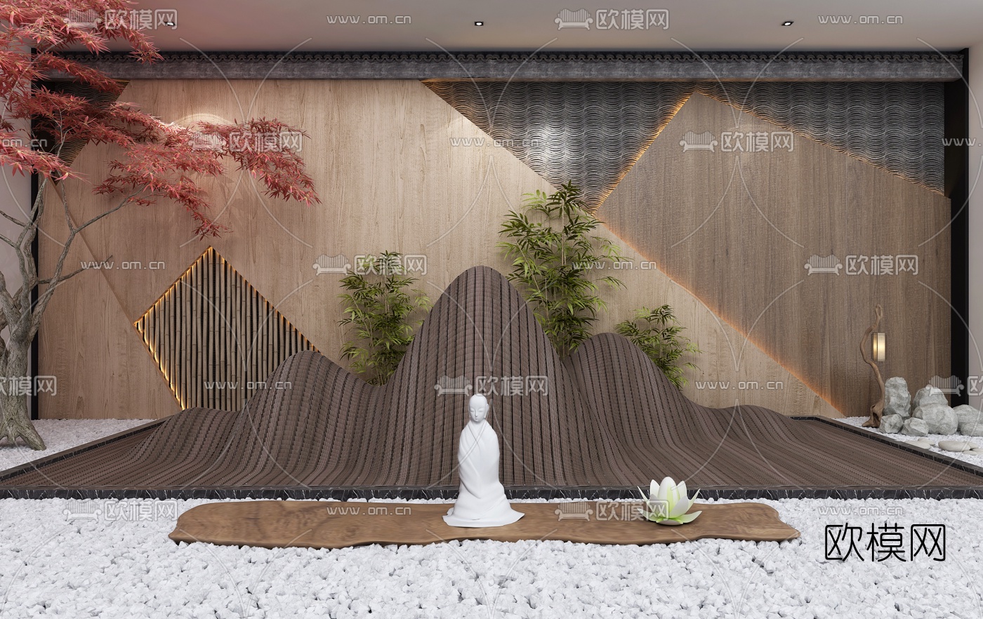 新中式室内假山植物景观小品3d模型下载