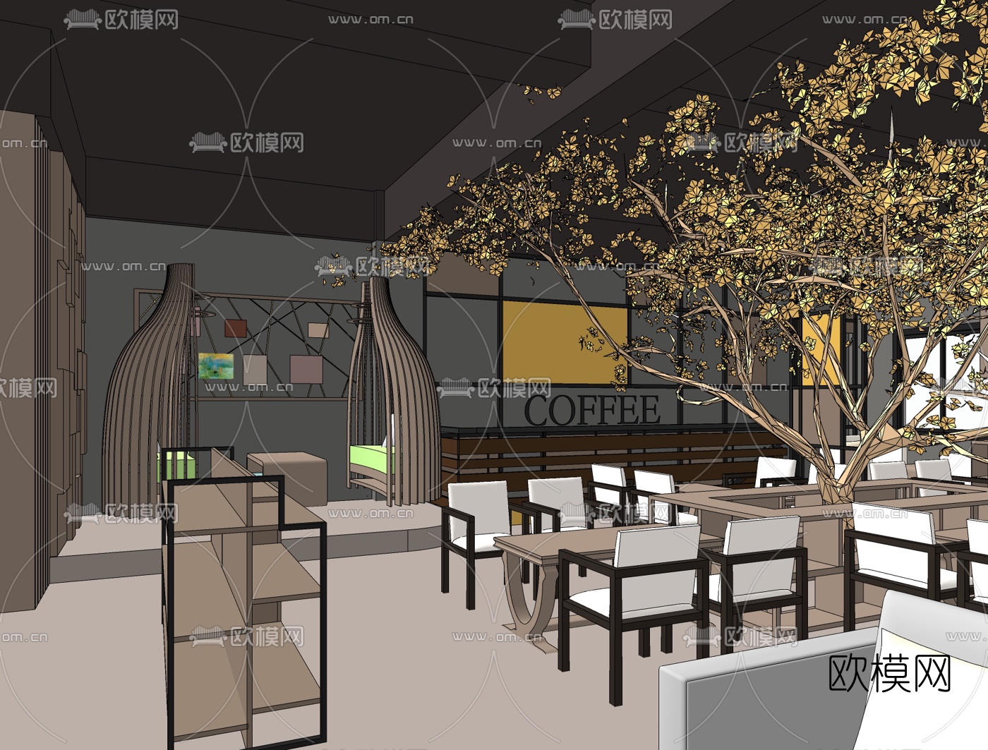 现代简约咖啡厅免费su模型下载（渲染图2）