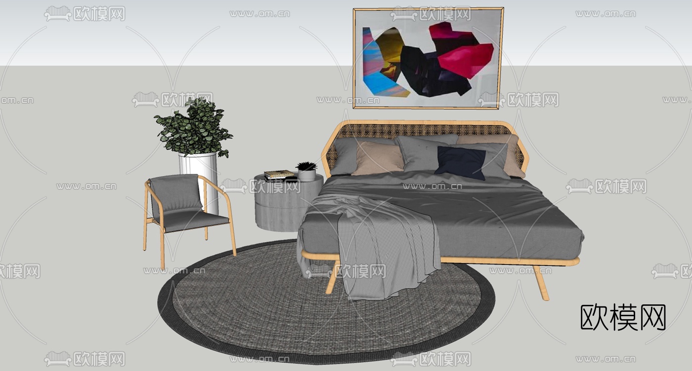 北欧双人床su模型下载（渲染图1）