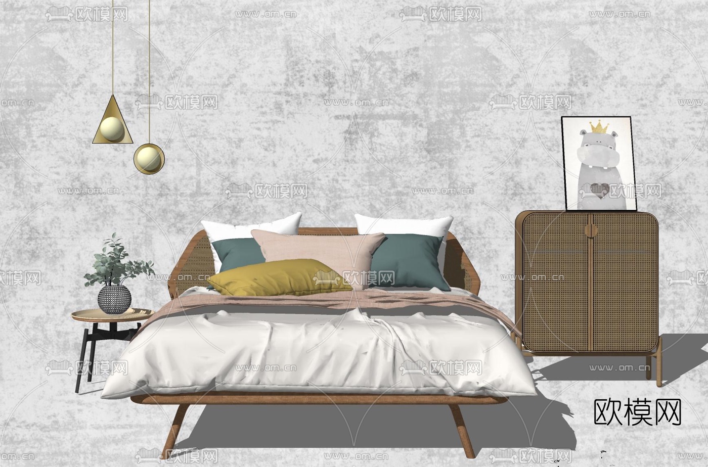 北欧双人床su模型下载