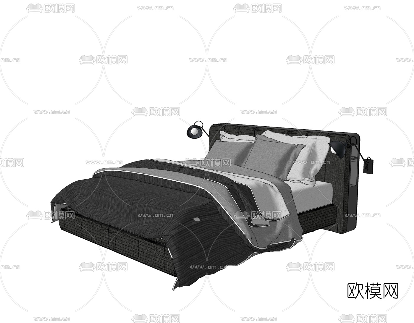 现代布艺双人床免费su模型下载