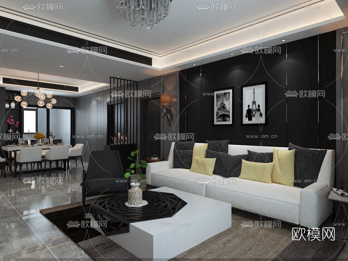 后现代黑白灰客厅餐厅免费3d模型