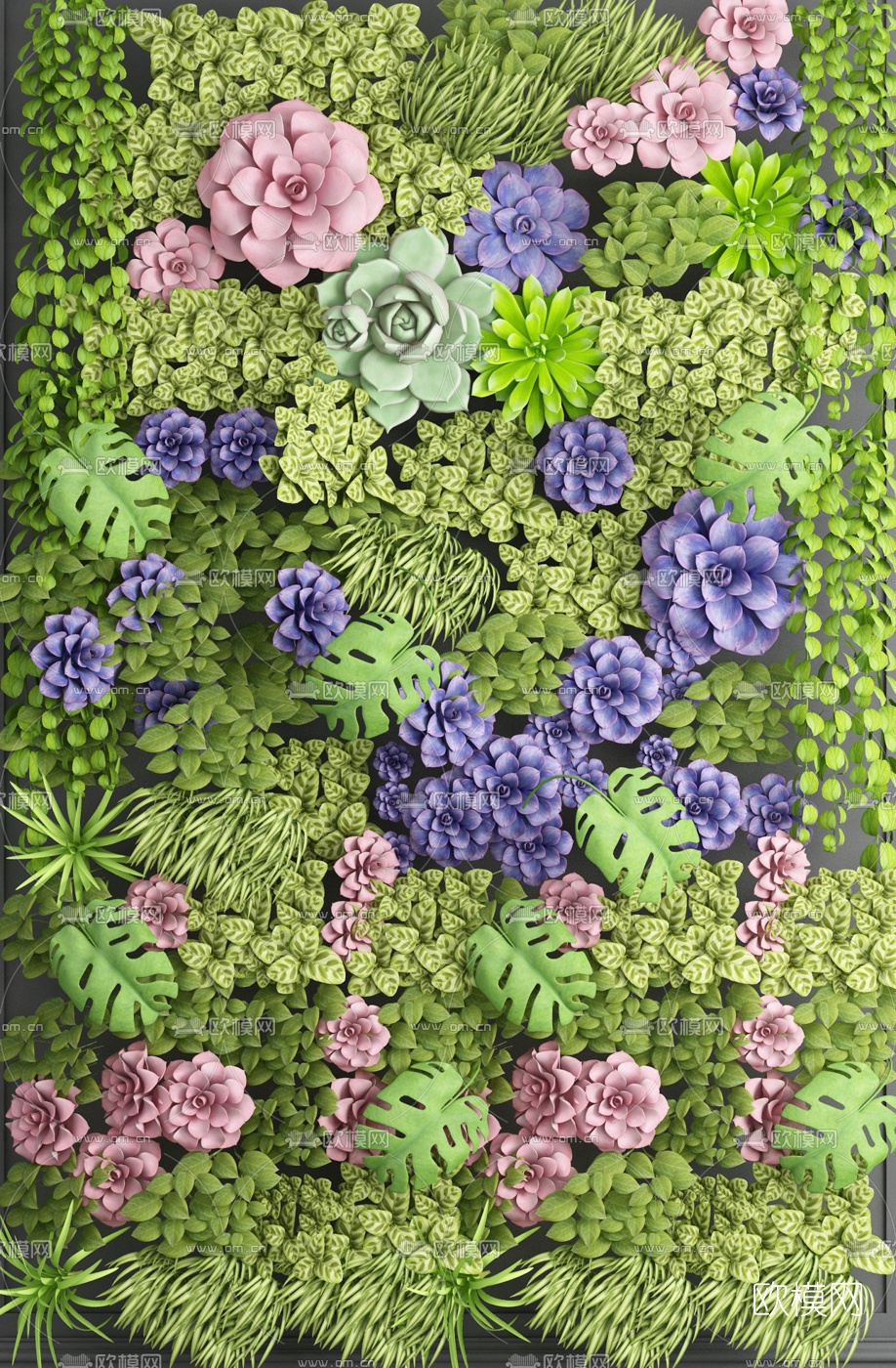 现代绿植花朵背景墙3d模型