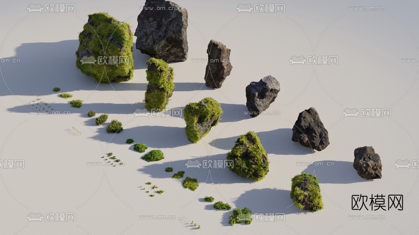 现代石头苔藓植物组合3d模型