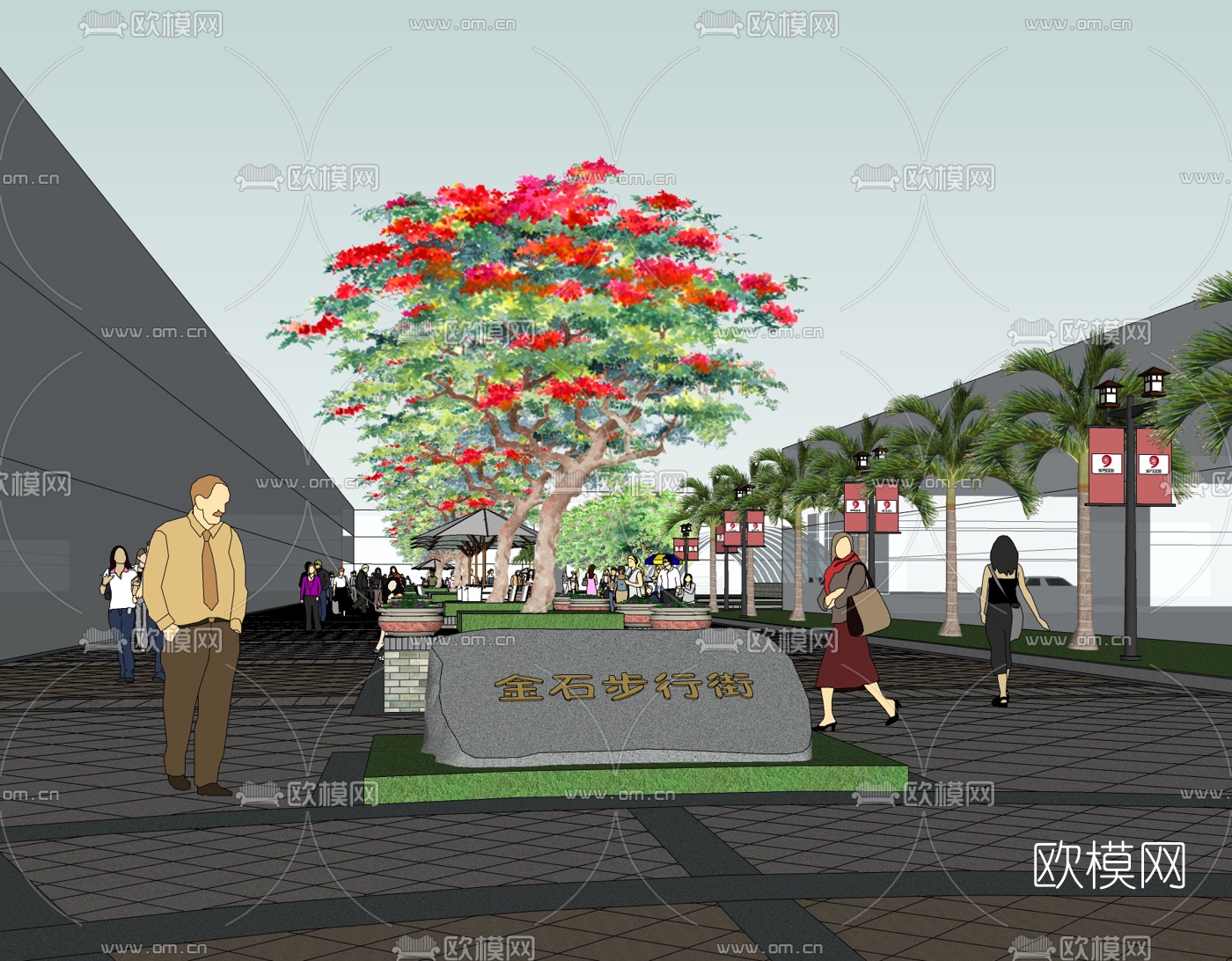 现代步行街景观免费su模型下载（渲染图3）