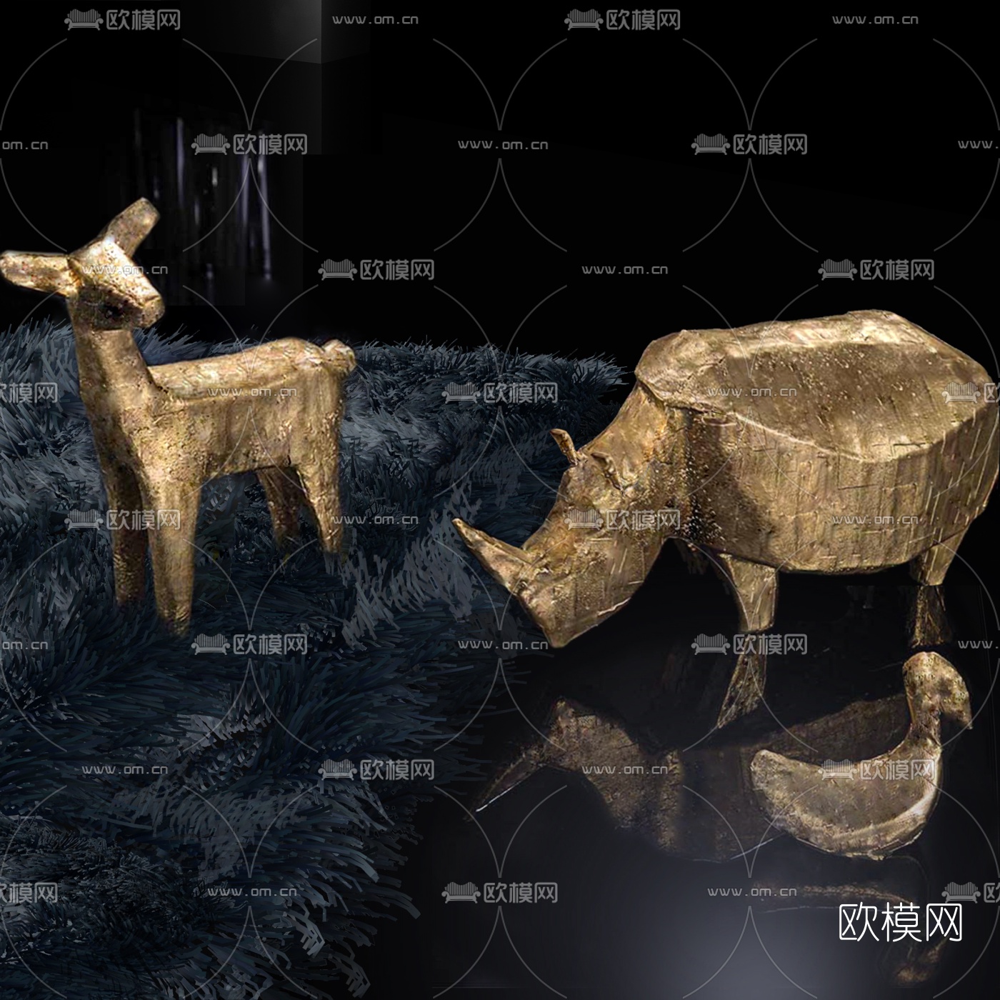 德国PULPO品牌 现代金箔犀牛摆件3d模型下载