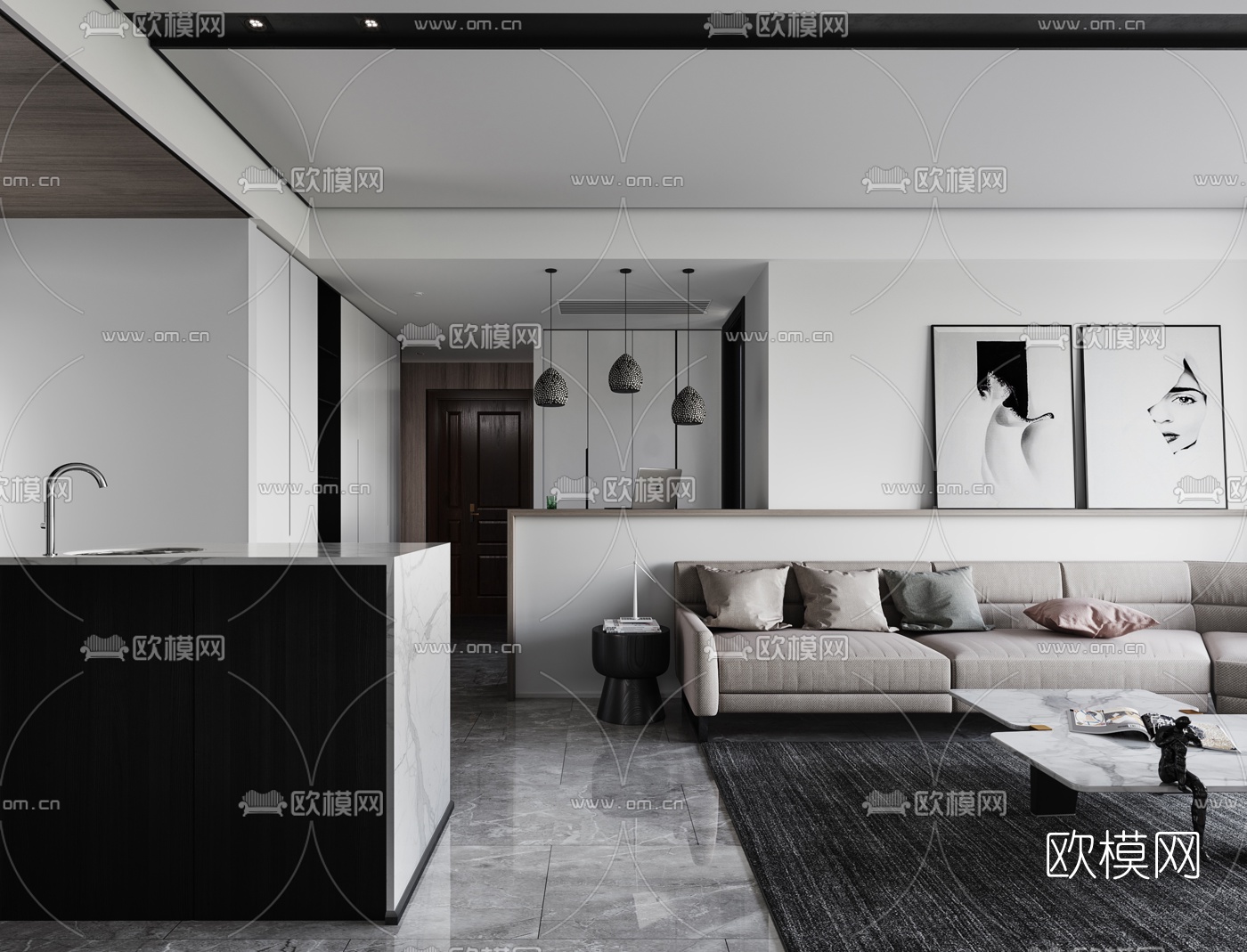 青云居设计 现代客厅餐厅3d模型