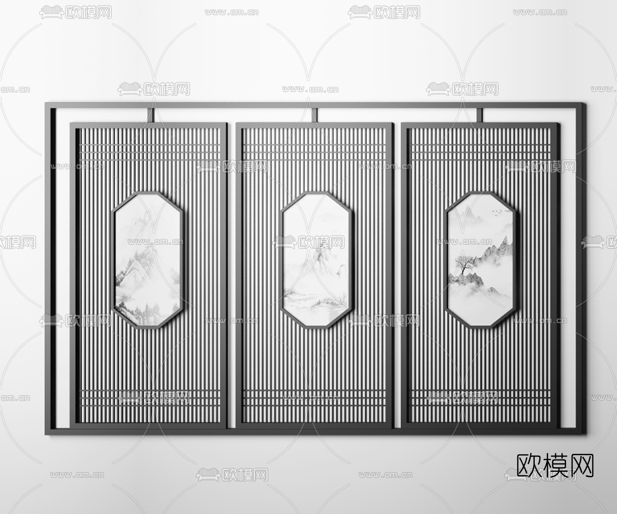 新中式简约屏风花格组合3d模型下载（渲染图4）