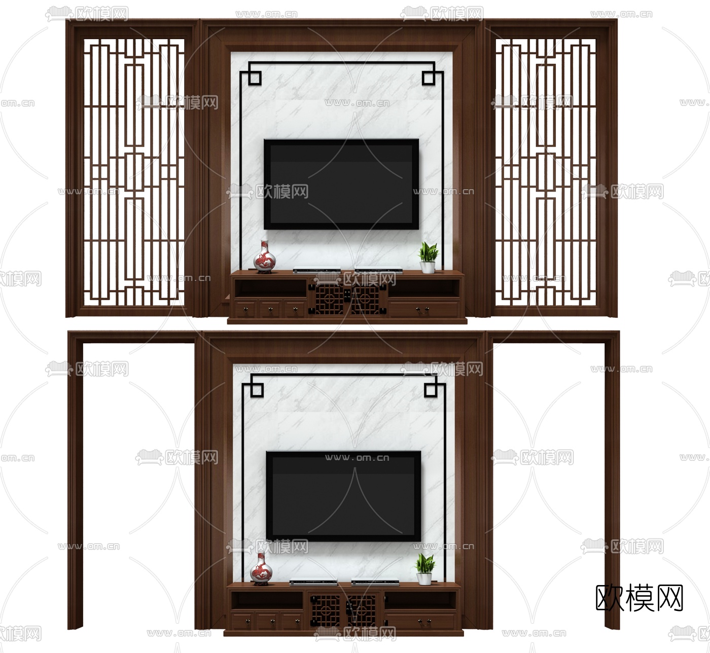 新中式电视背景墙3d模型
