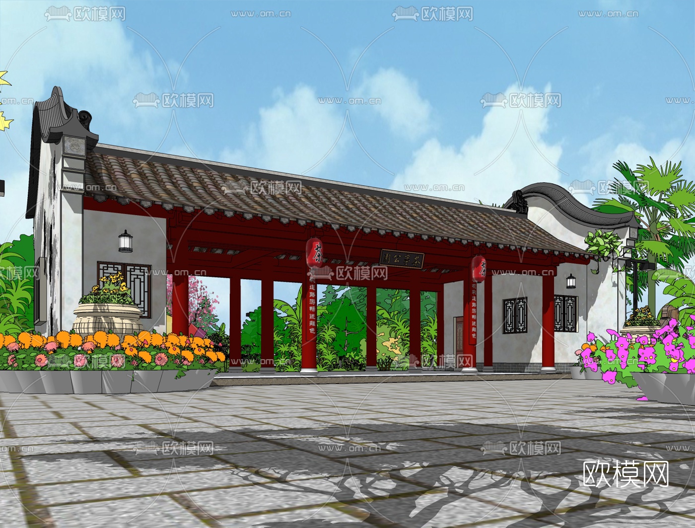 中式公园景观规划su模型下载（渲染图2）