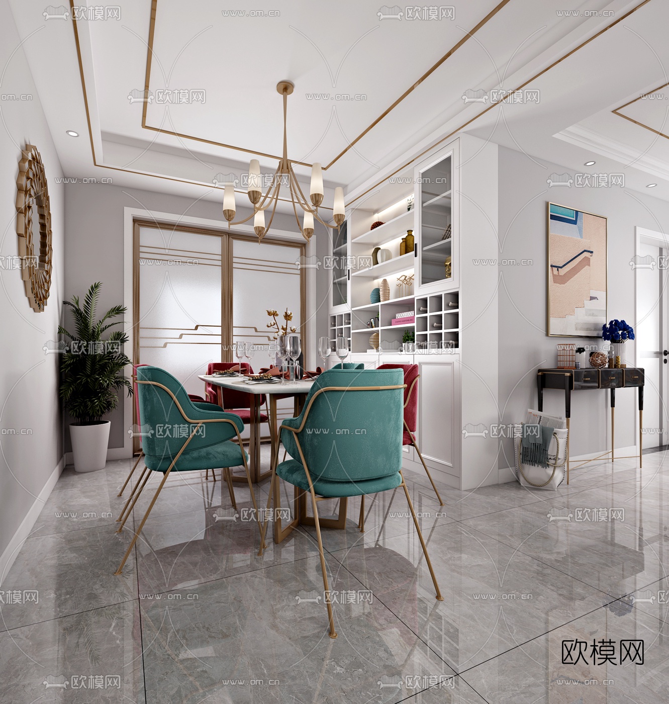 现代轻奢客厅餐厅3d模型