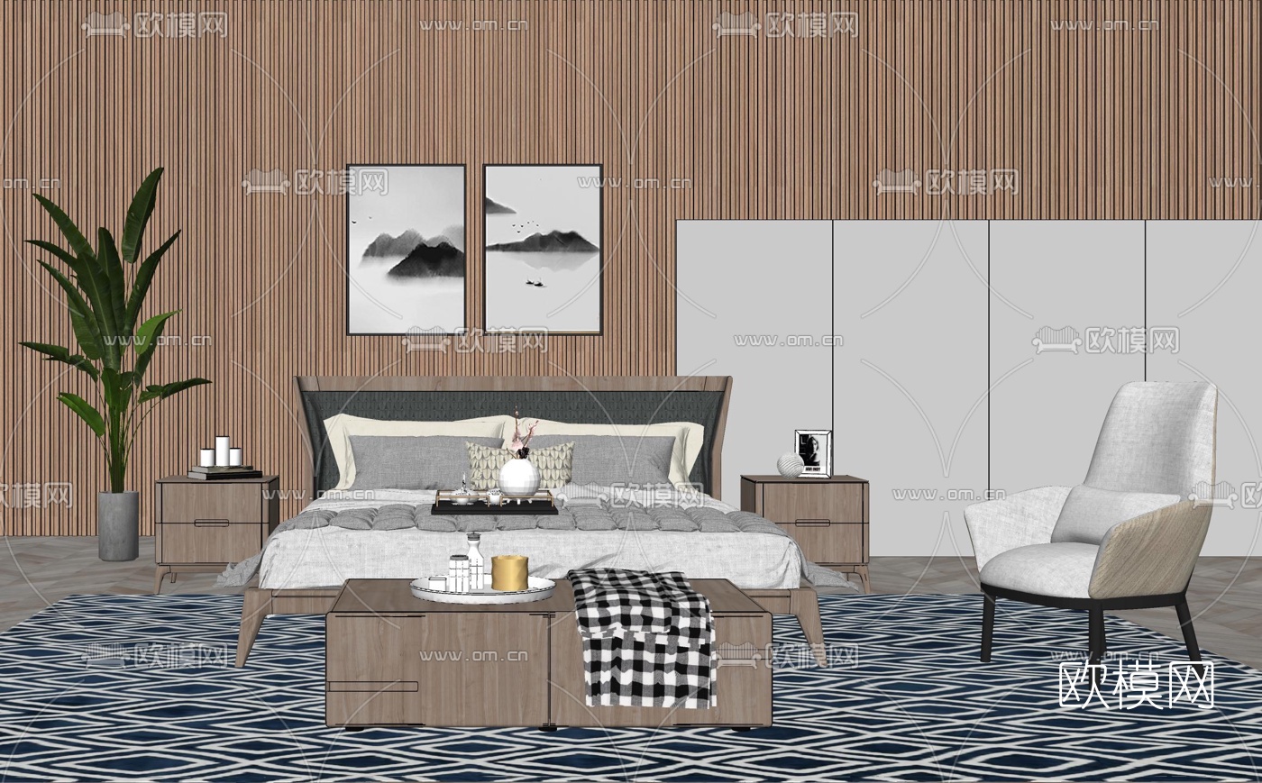 北欧双人床su模型下载