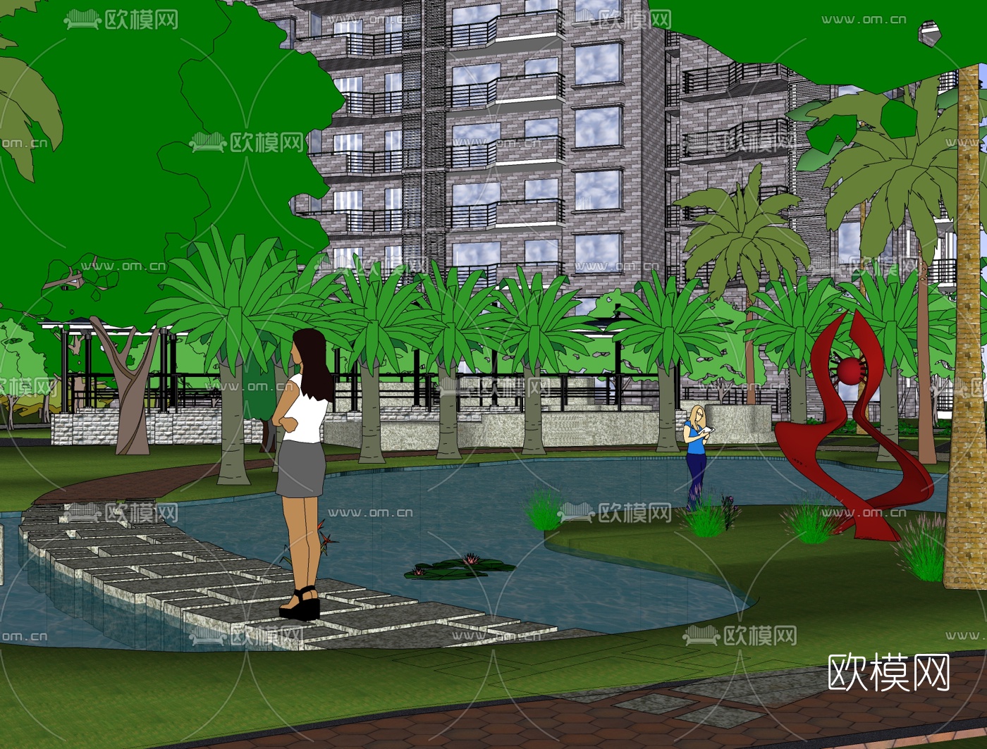 现代小区景观免费su模型下载（渲染图2）
