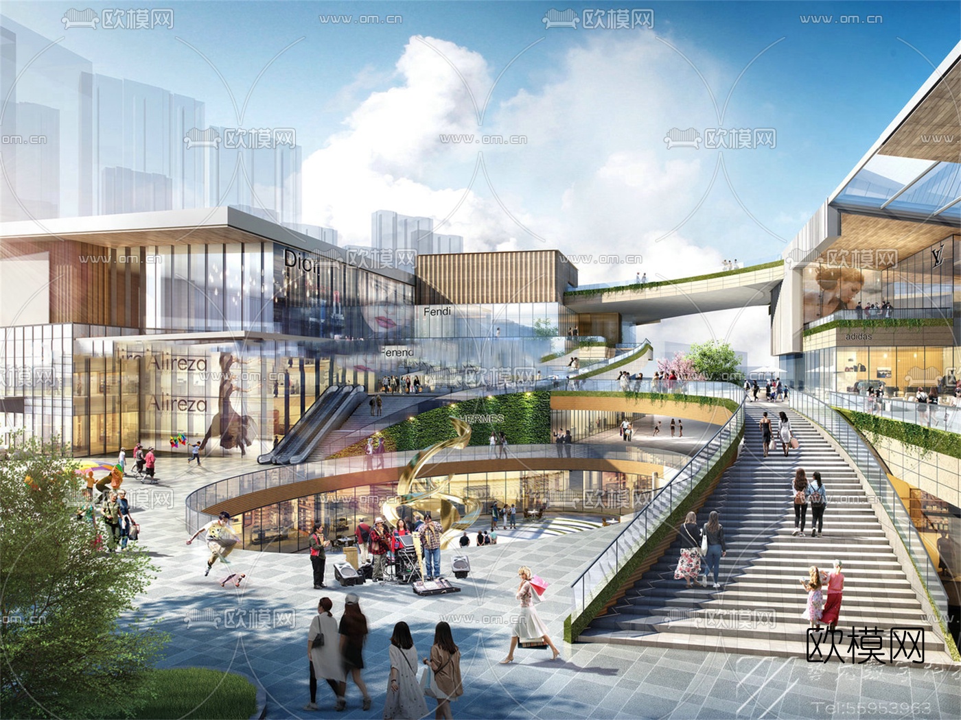 现代商业街外观su模型下载（渲染图1）