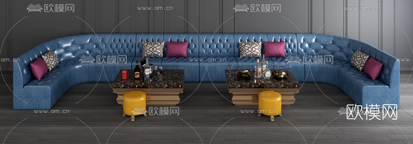欧式ktv多人沙发茶几组合3d模型