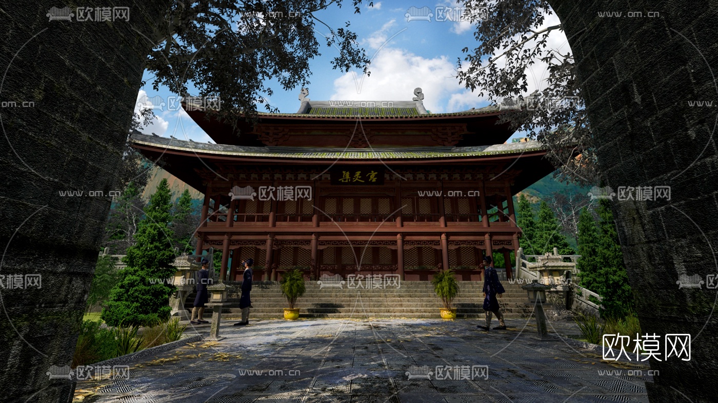 中式道观寺庙建筑外观3d模型下载
