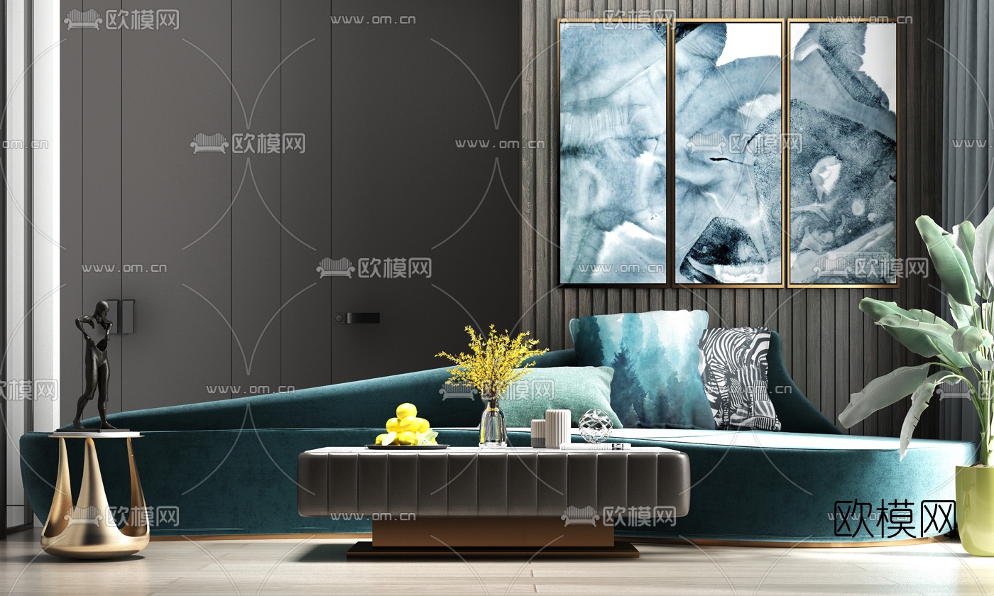现代轻奢绒布弧形多人沙发茶几3d模型