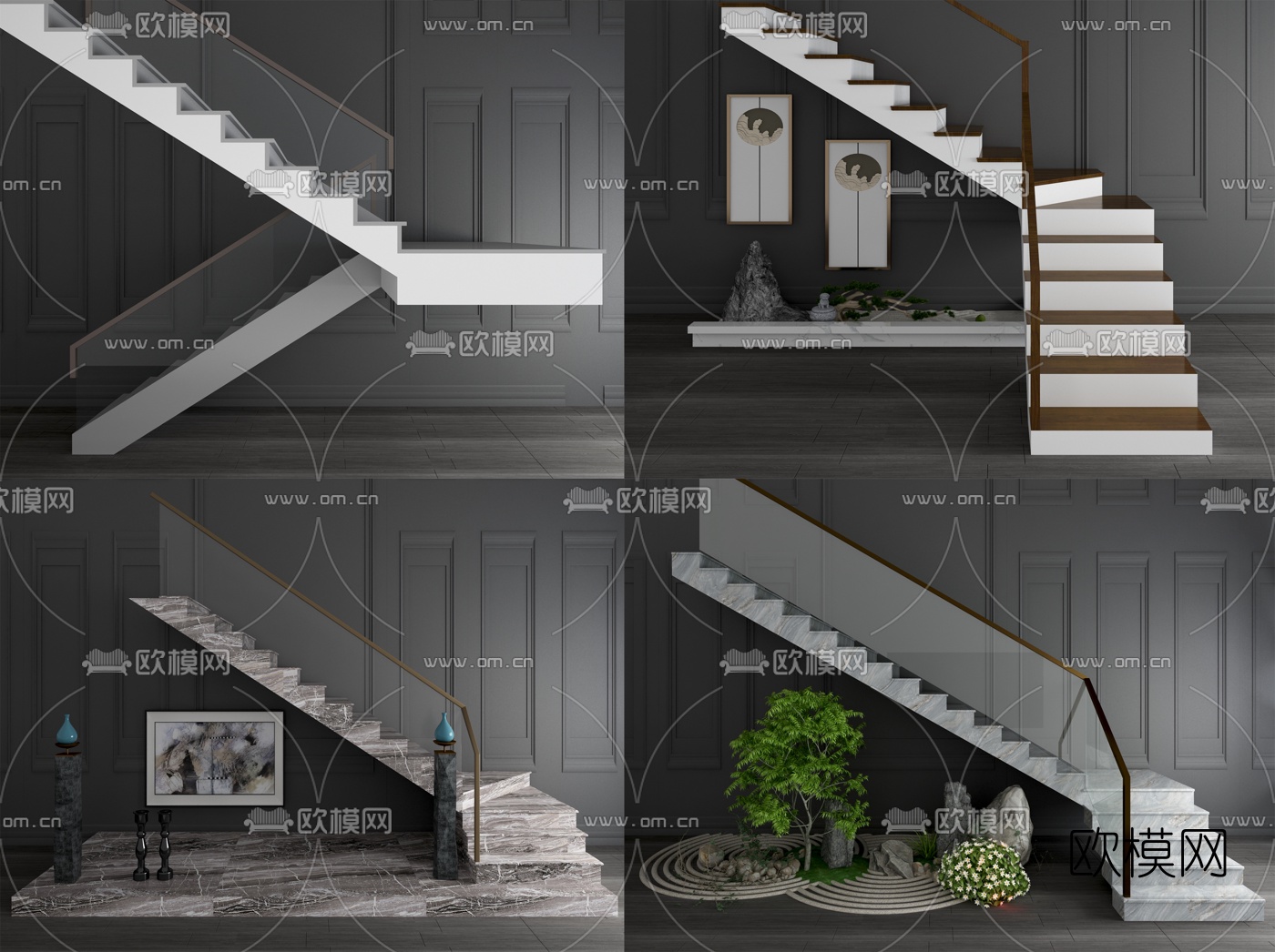 现代楼梯玻璃扶手栏杆3d模型下载（渲染图1）