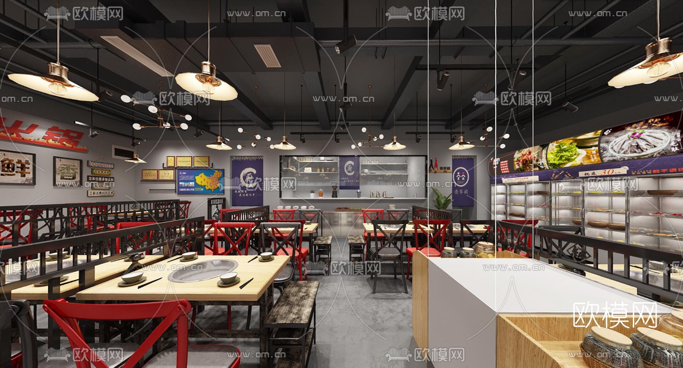 工业风火锅店全景3d模型