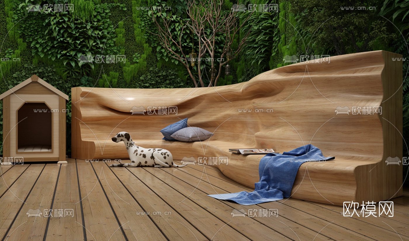 现代原木户外椅植物墙3d模型下载