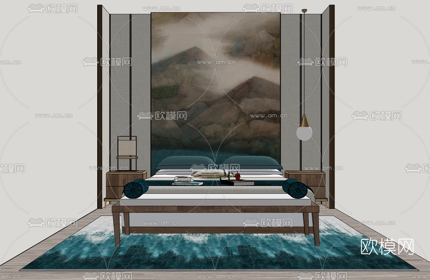 新中式双人床su模型下载