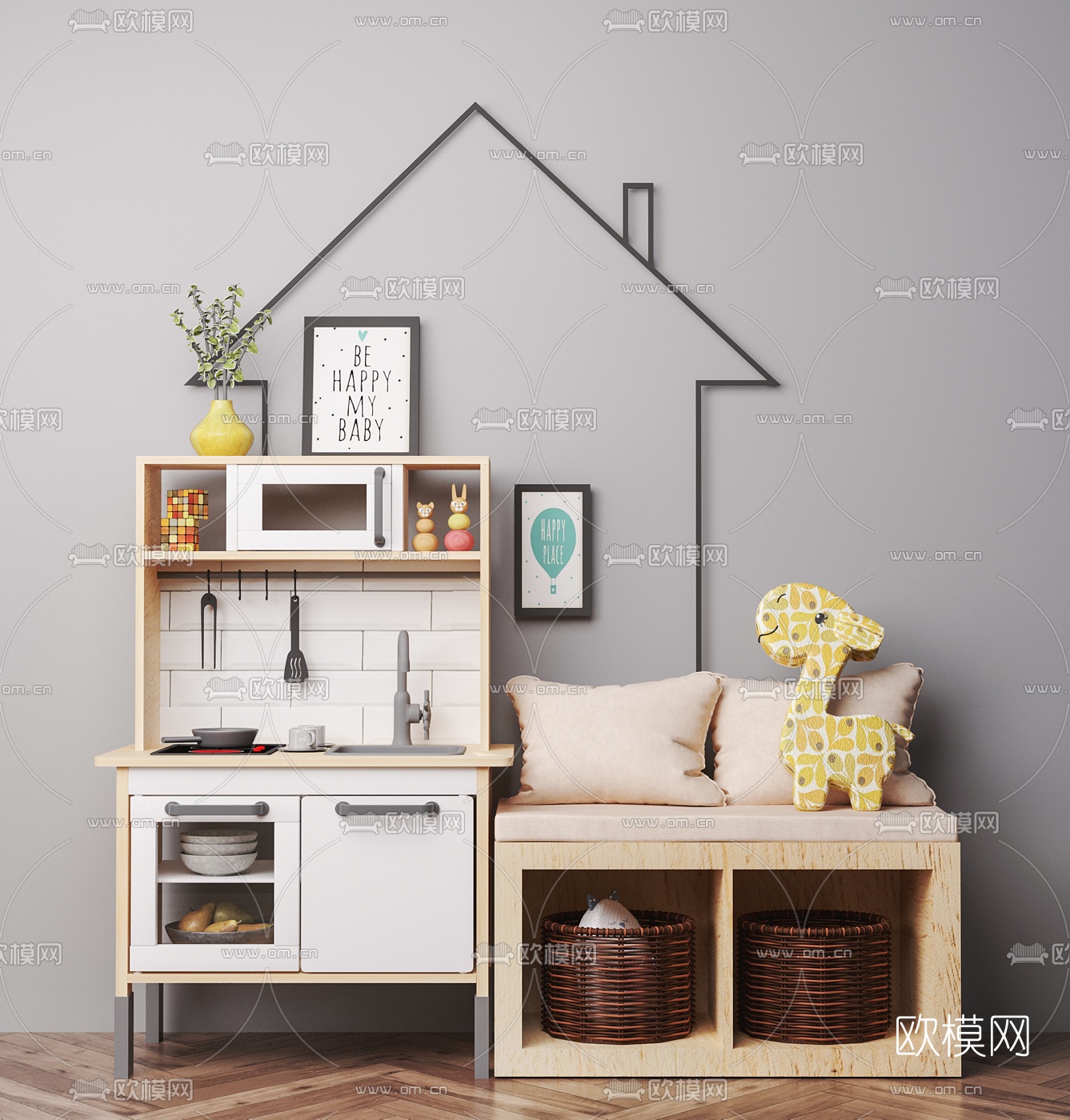 现代儿童专用边柜玩具组合3d模型下载