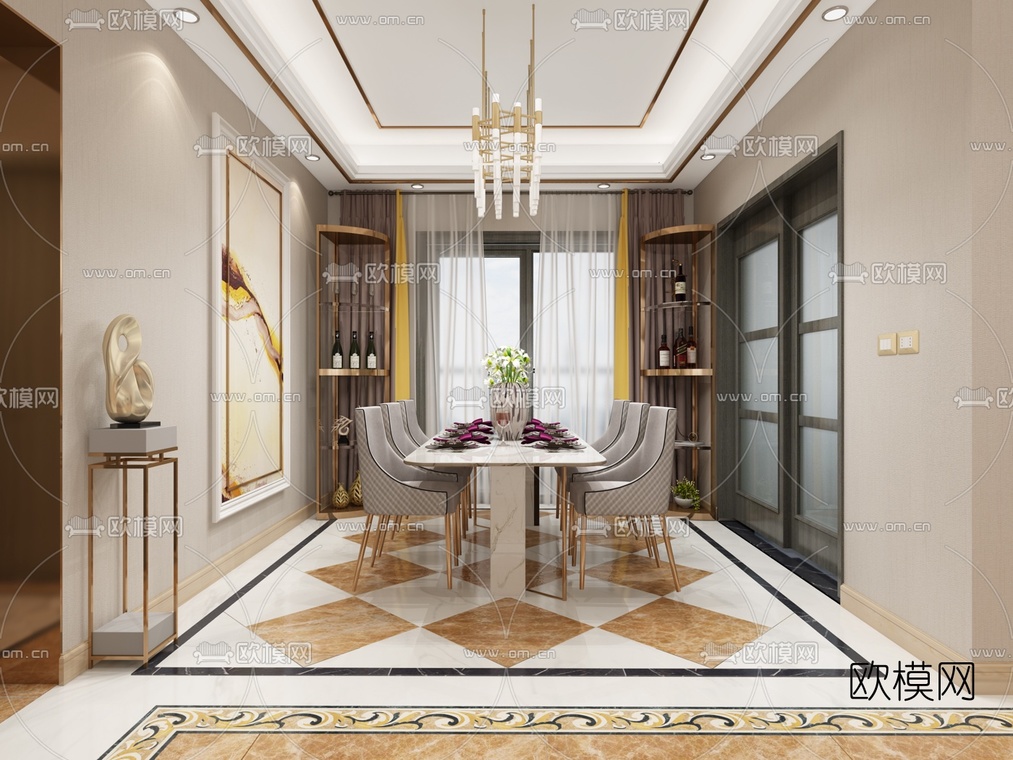 简欧轻奢客厅餐厅免费3d模型-免费3dmax模型库-欧模网