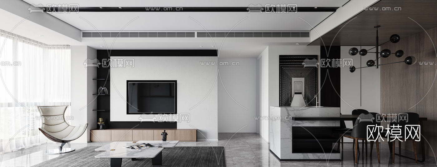 青云居设计 现代客厅餐厅3d模型