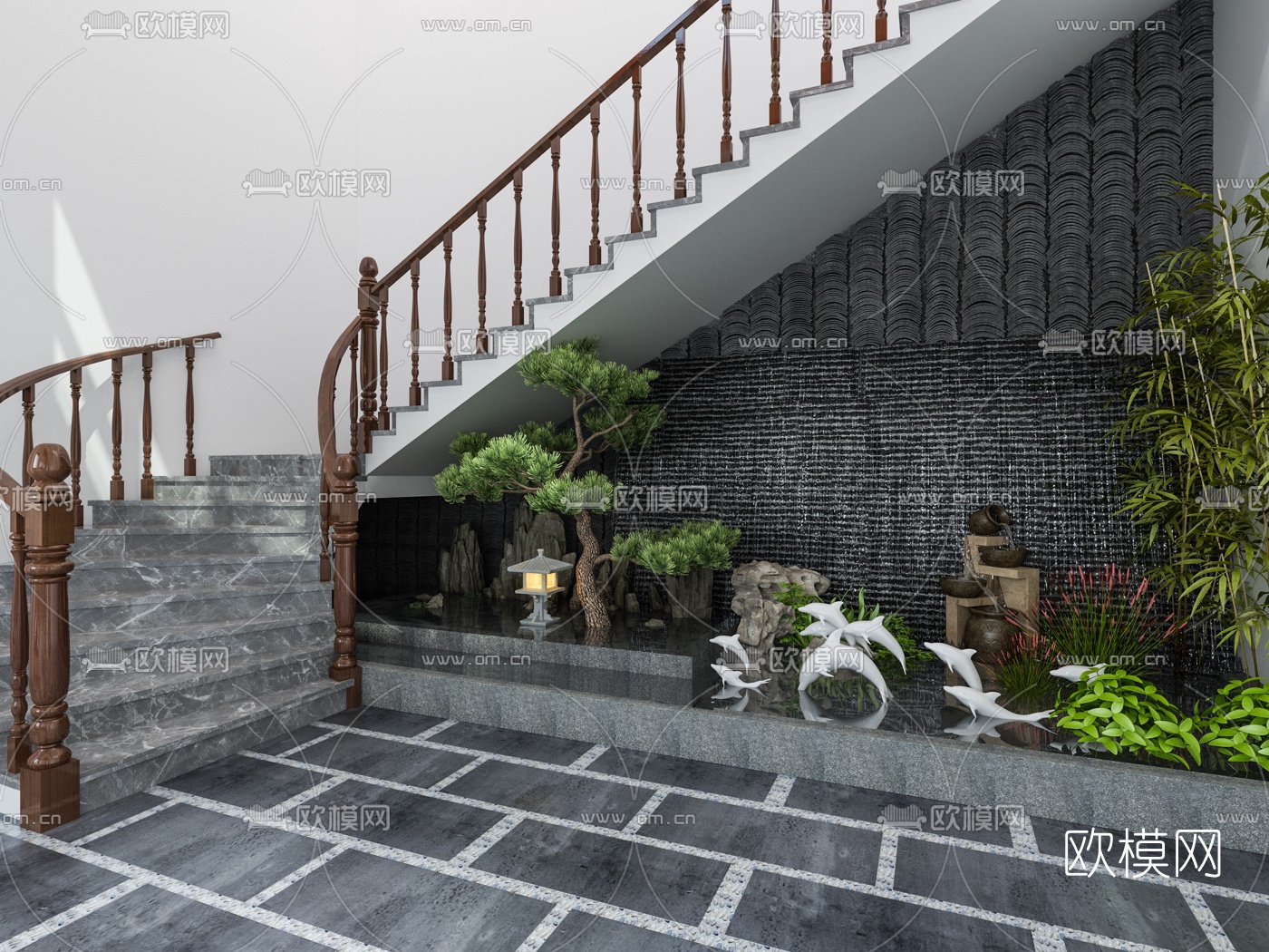 新中式会所楼梯间3d模型