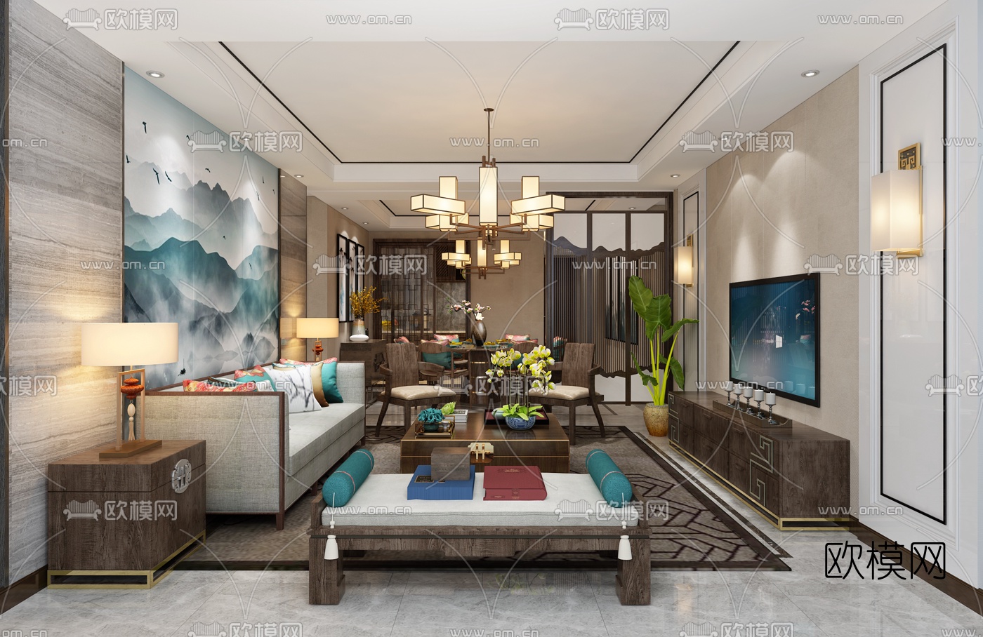 新中式客厅餐厅免费3D模型