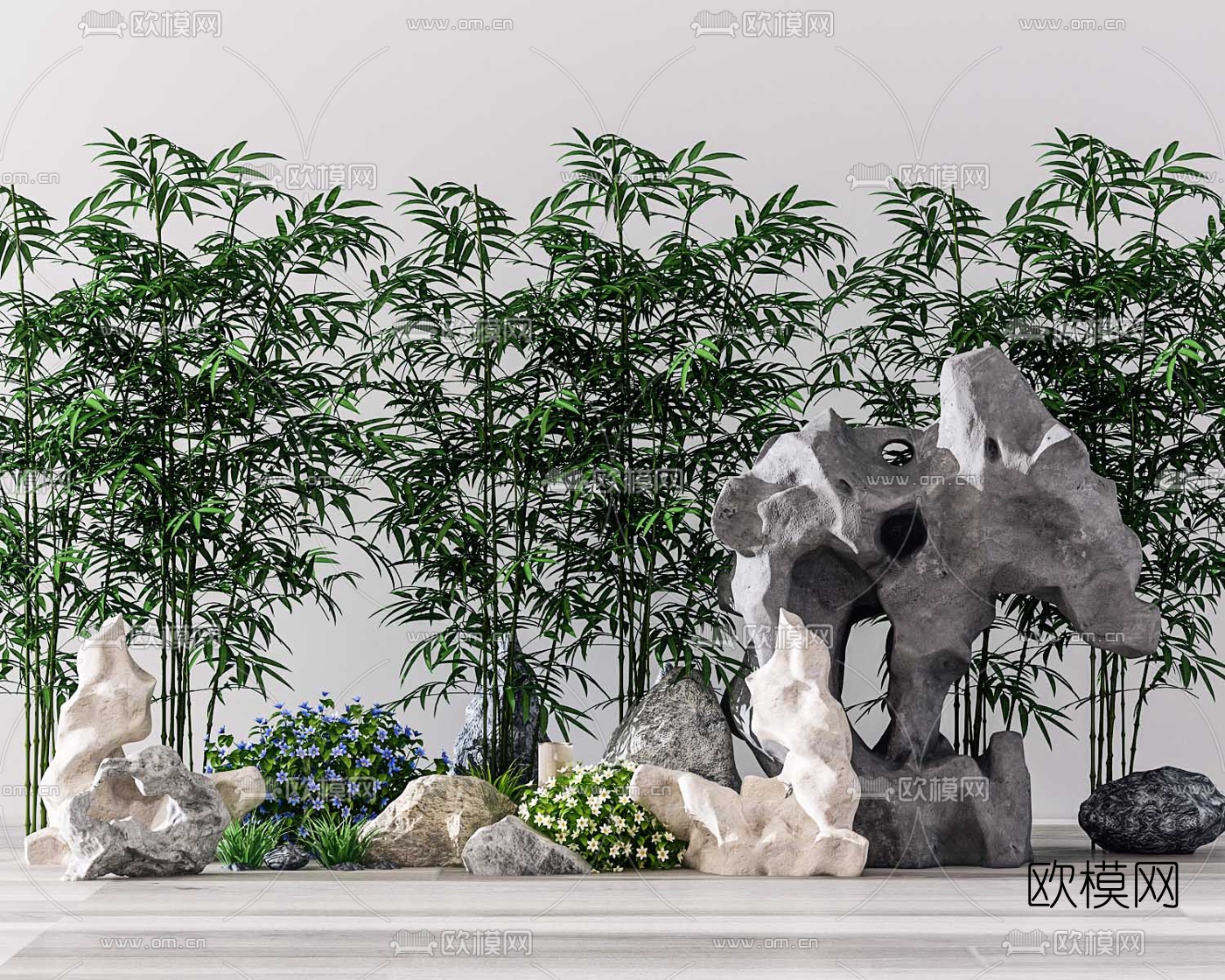 新中式假山植物景观小品3d模型下载