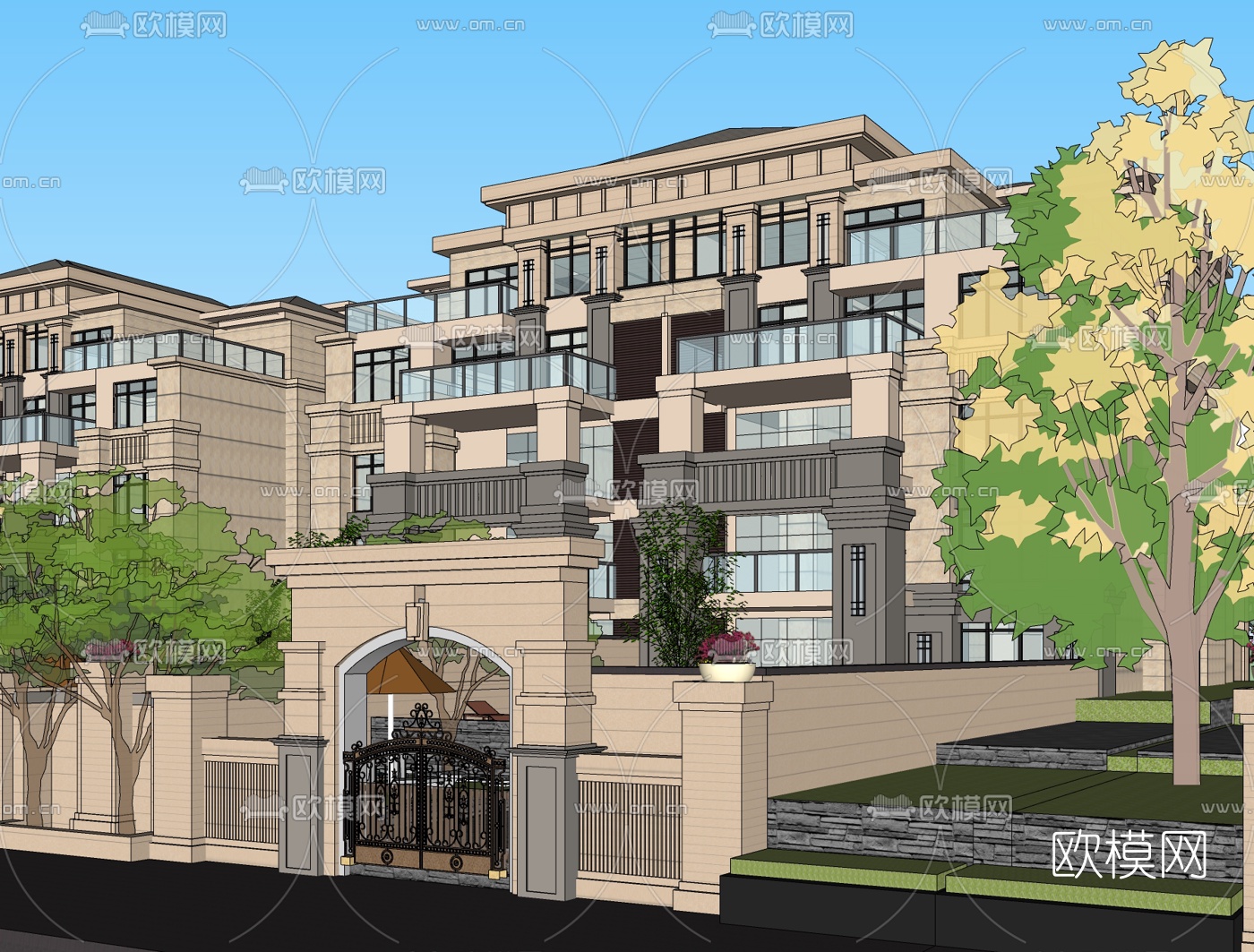 新古典连排别墅免费su模型下载