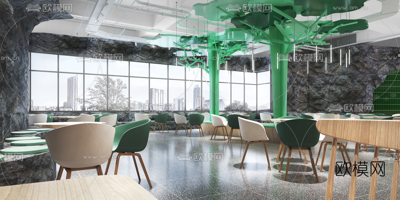 现代员工餐厅3d模型下载（渲染图1）