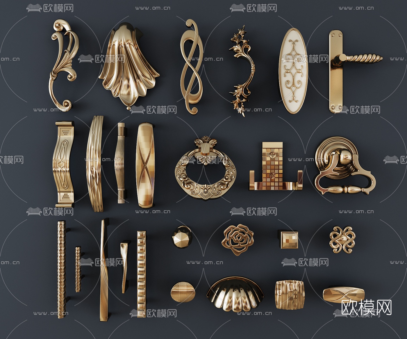 新古典镀金门把手拉手组合3d模型下载