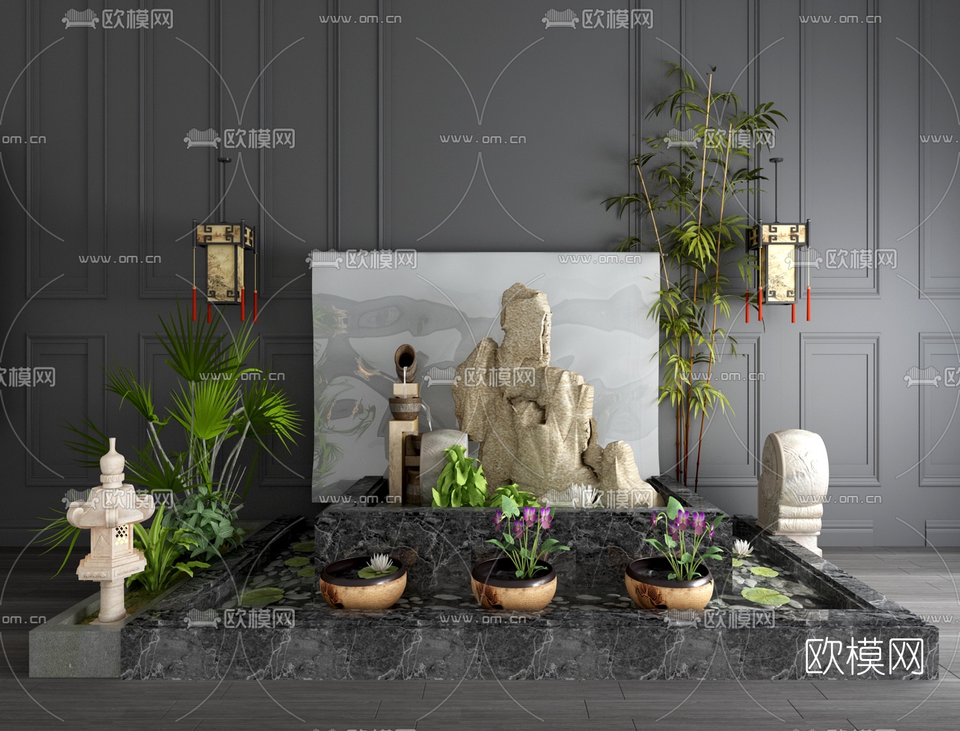 新中式盆栽假山园艺小品3d模型下载（渲染图2）