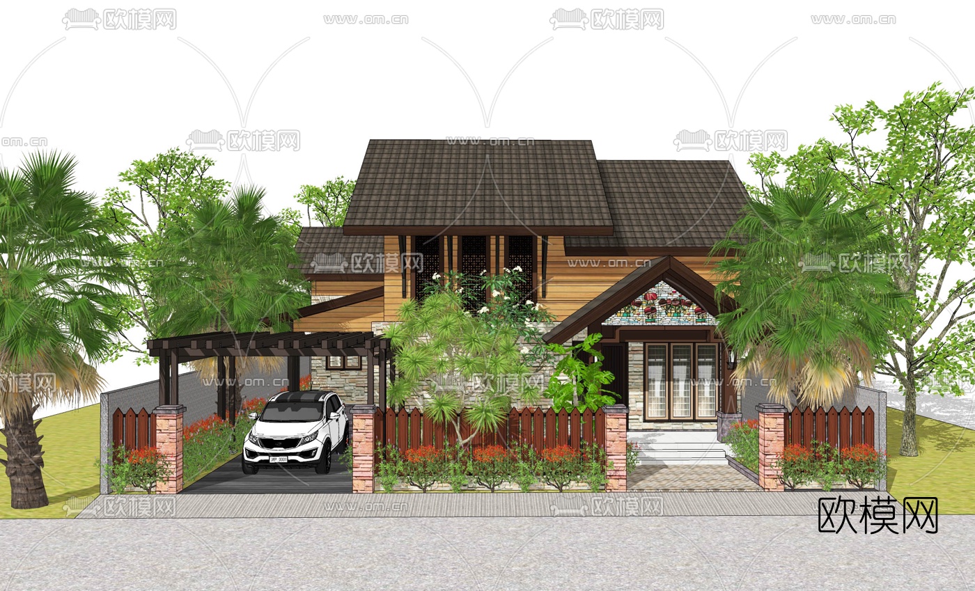 东南亚别墅外观su模型下载（渲染图4）