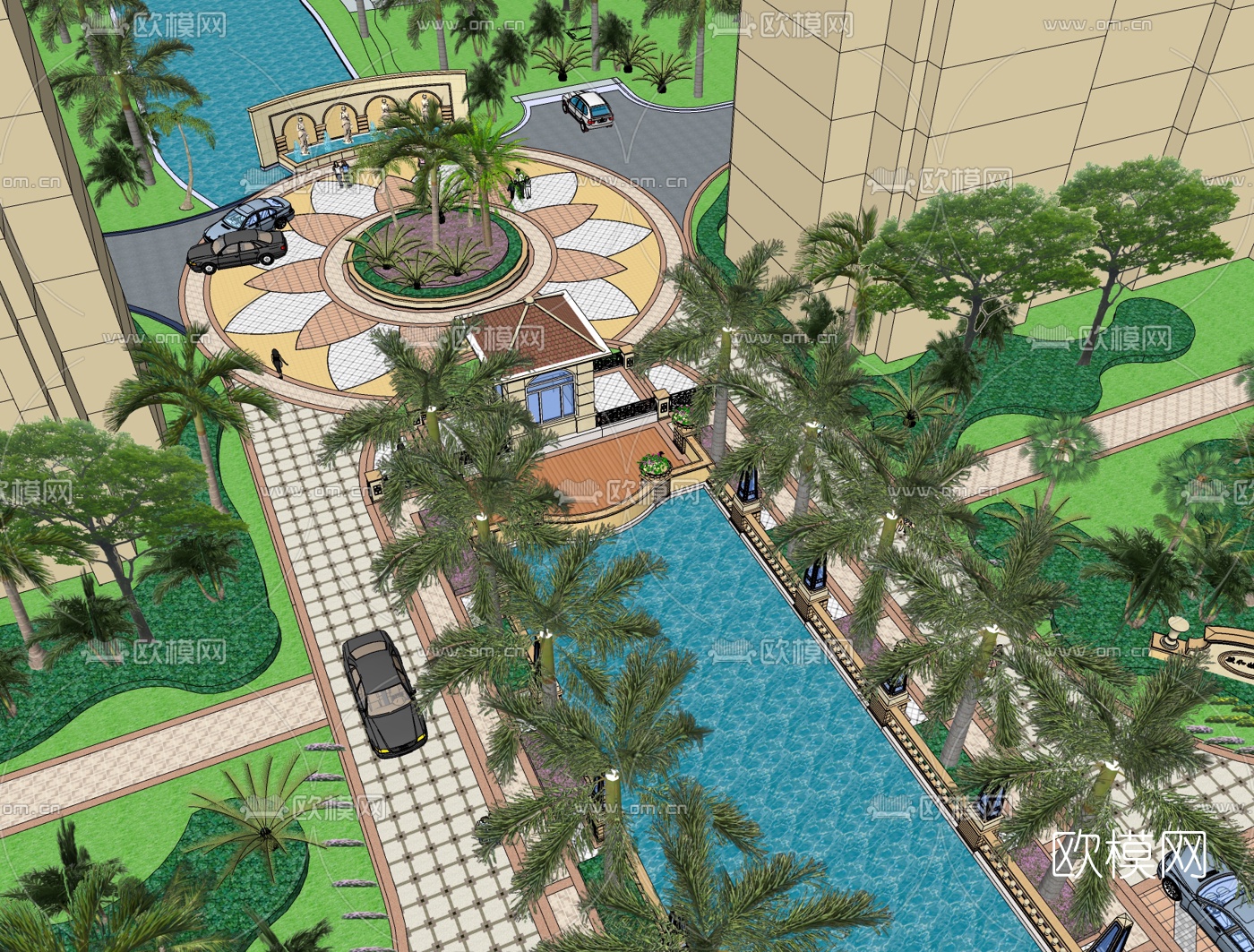 欧式小区景观免费su模型下载（渲染图2）