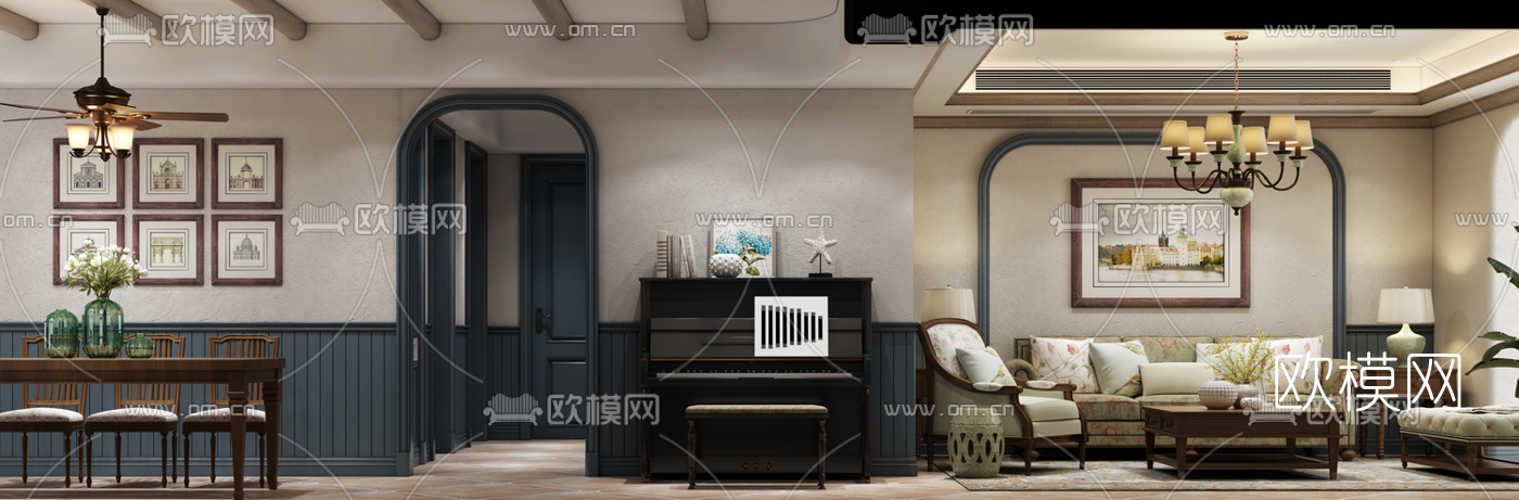 美式客厅餐厅3d模型