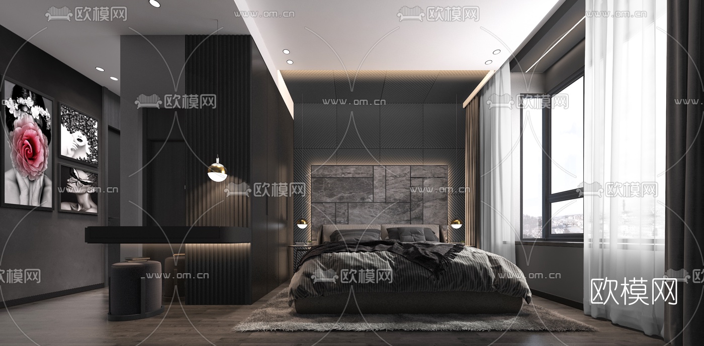 现代高级灰卧室3d模型