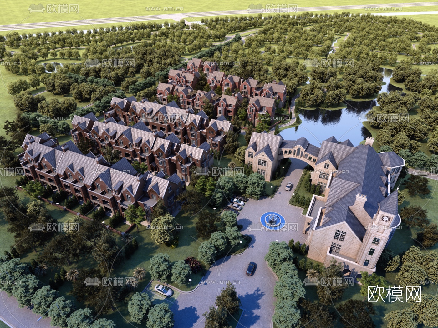 欧式别墅区鸟瞰规划3d模型下载