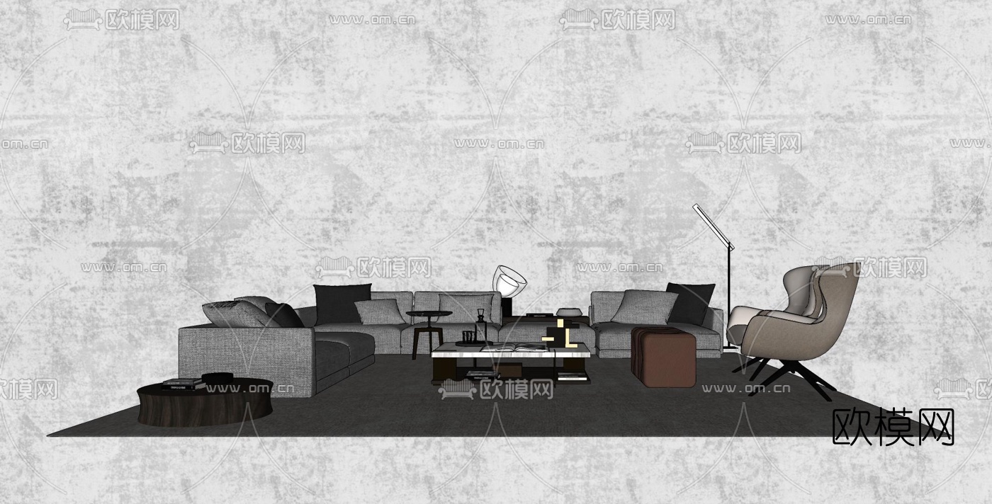 现代布艺多人沙发组合su模型下载（渲染图2）